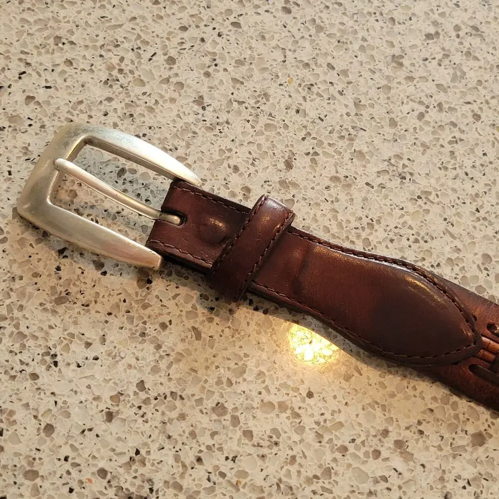 Brighton Mens Wooden Bead Genuine Leather Brown Braided Belt Silver Buckle✨️44